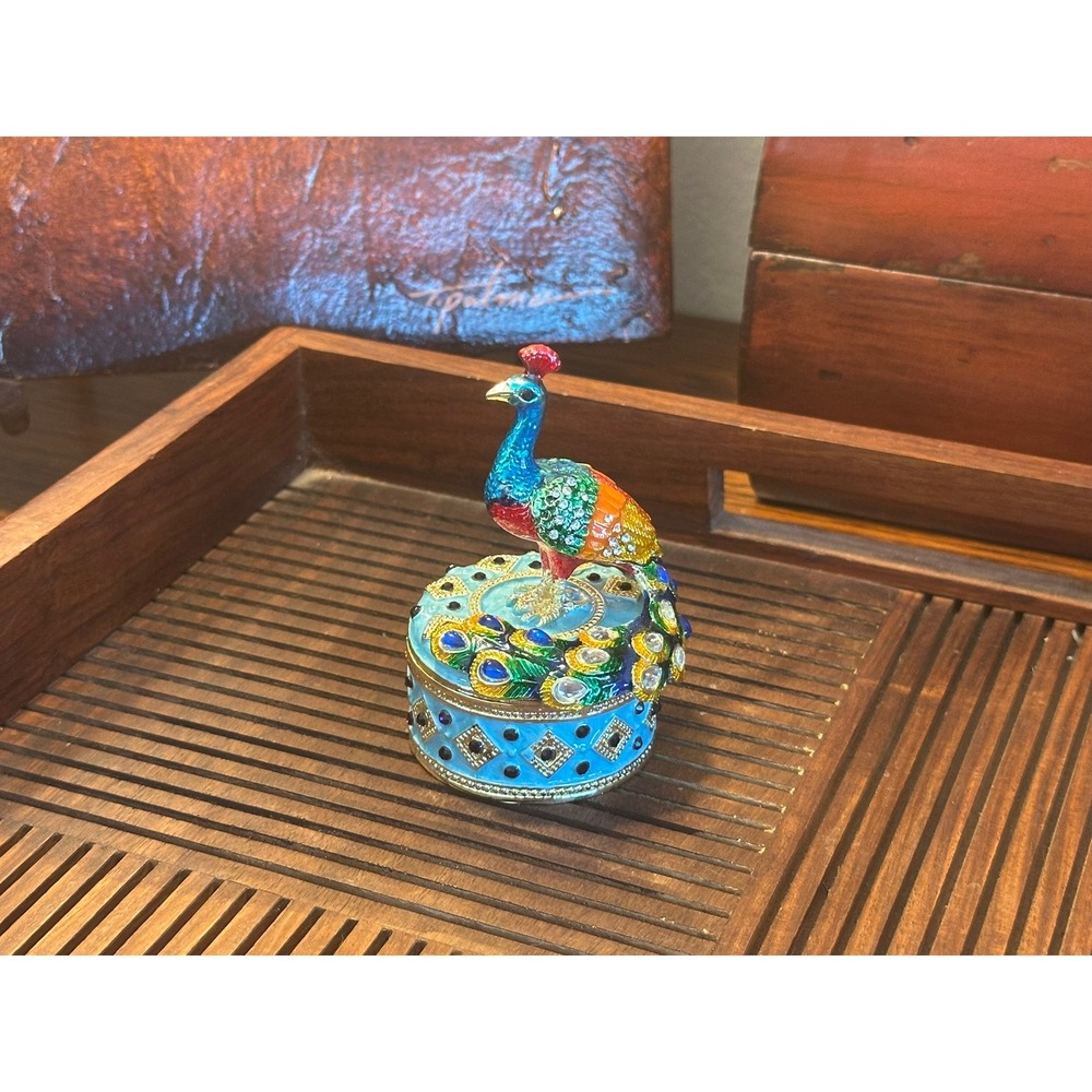 Vintage Peacock Trinket Box Enameled Cloisonne Bejeweled Crystal Hinged Case - Picture 2 of 9